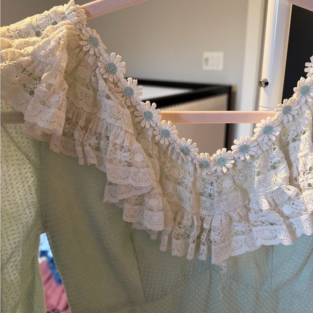 Vintage Prairie Light Green Dress with Lace Details